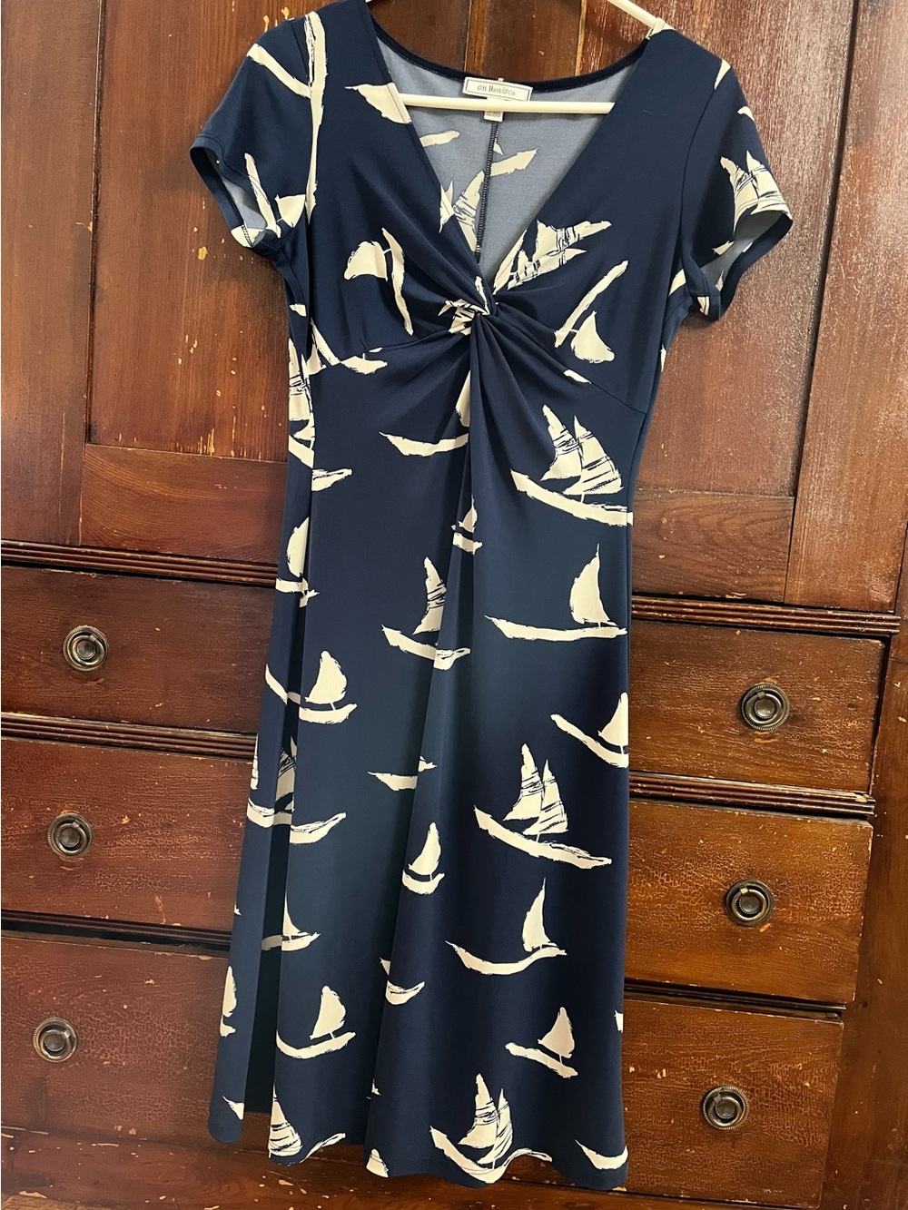 Navy Sailboat Twist-Front stretchy Dress nautical - Picture 4 of 11